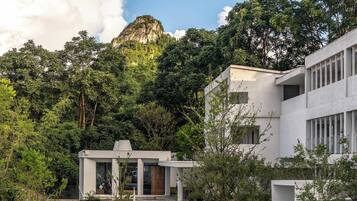 A modern building with a flat roof, surrounded by lush greenery and a prominent mountain in the background.