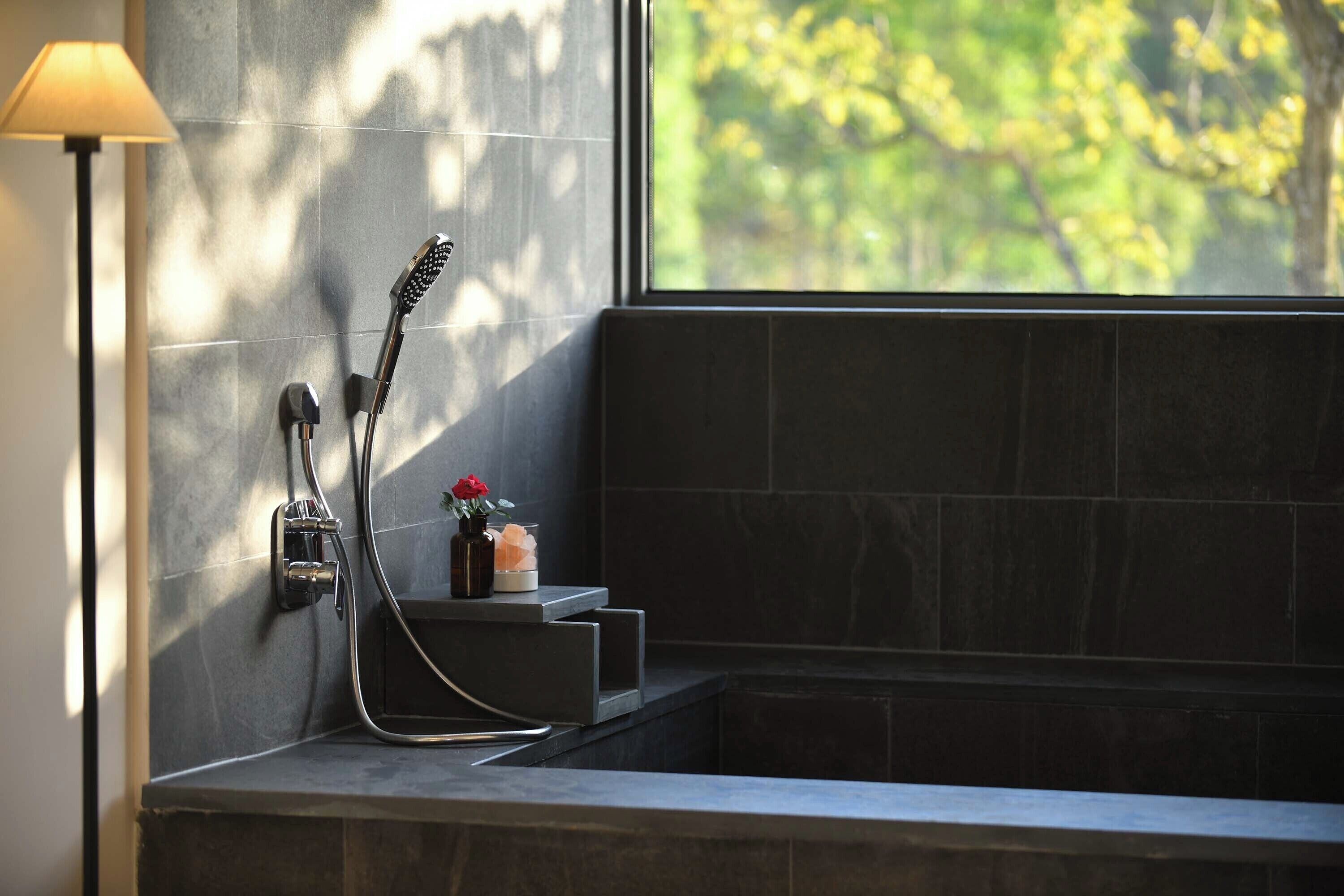 A bathroom with a shower, a wall-mounted towel rack, and a window with a view of greenery.