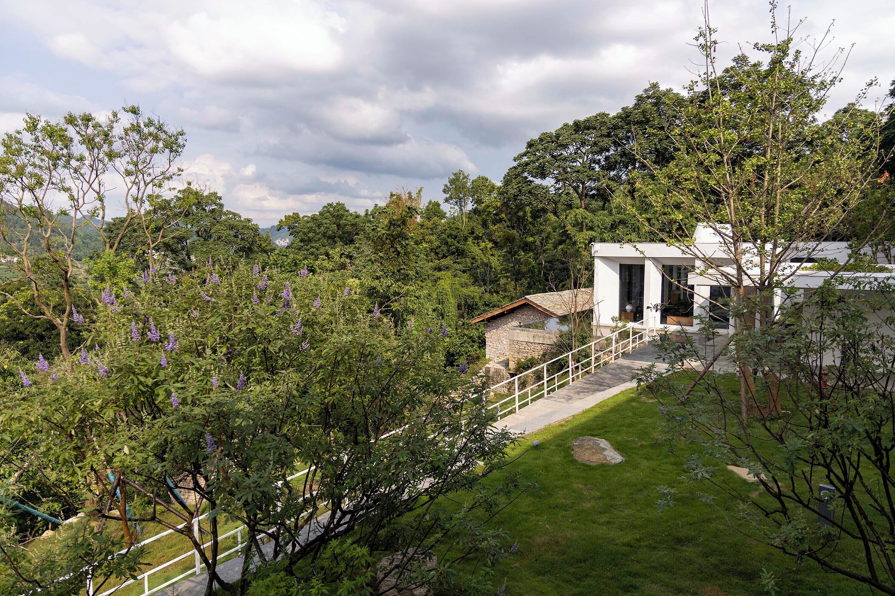 A modern building with a stone facade, a small garden area, and a pathway leading to the entrance.