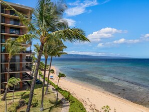 A beachfront hotel with a pool, palm trees, and a view of the ocean. - Large 1BR condo, partial ocean view, pool, beach access - Kaanapali Shores 414 (Lahaina)