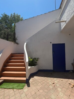 A staircase leading to a blue door, a small planter with green plants, and a paved area with a green mat. - Blue House - Panoramic View of the Gulf of Asinara (Sardegna)