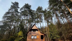 Una cabaña de madera con balcón, rodeada de un bosque frondoso.