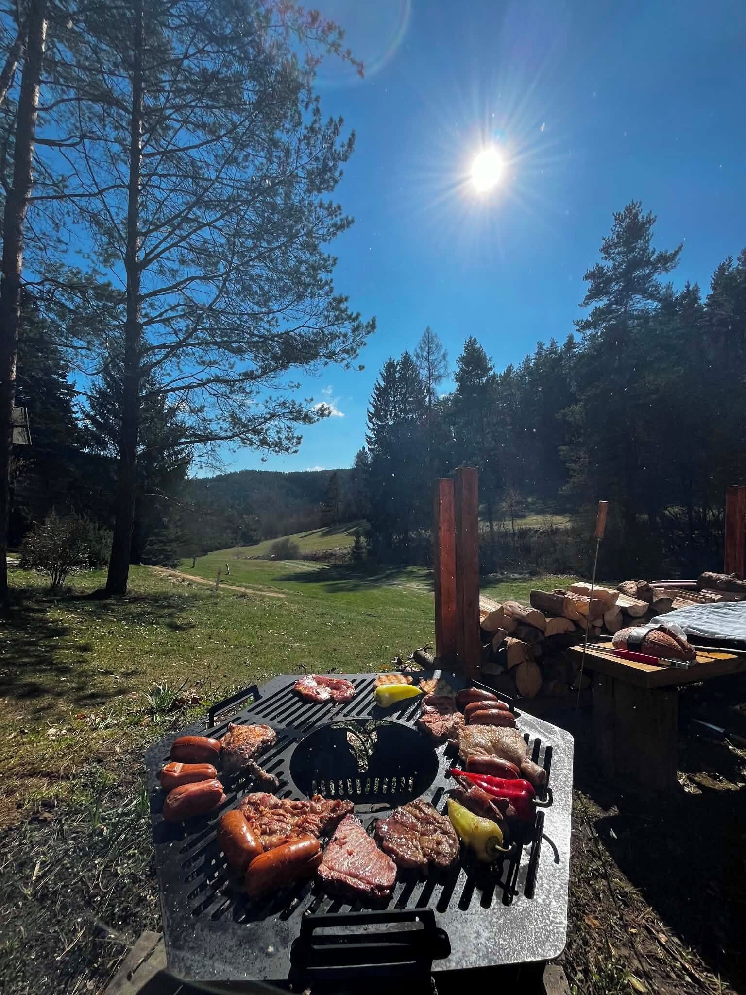 Ein Grill im Freien mit verschiedenen Fleischsorten und Gemüsesorten, umgeben von Bäumen und blauem Himmel.