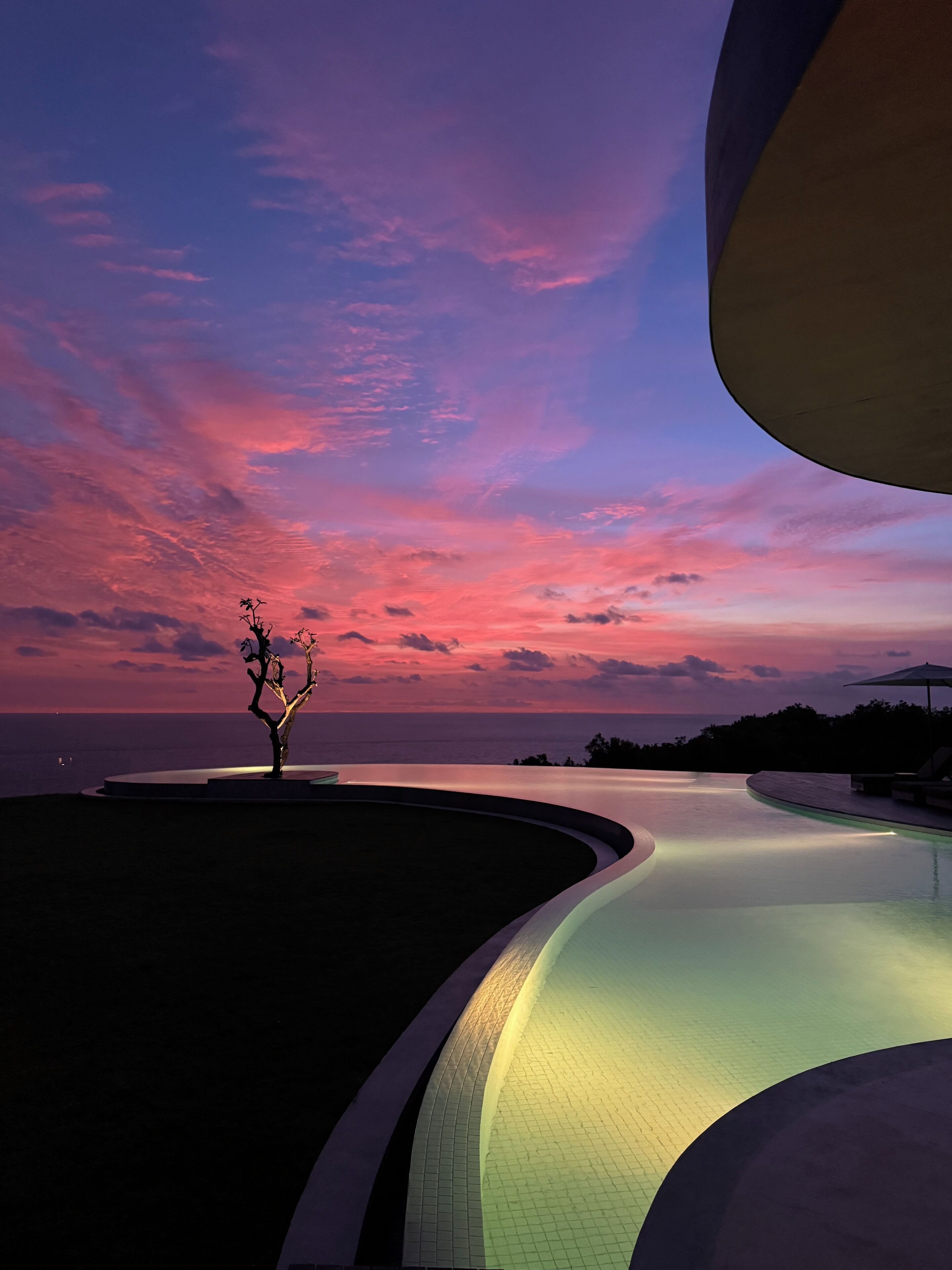 A pool with a curved edge, a solitary tree, and a sunset sky.