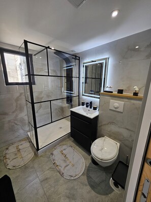Shower, hair dryer, towels, soap