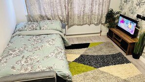 Un dormitorio con cama, televisión, radiador y una alfombra estampada.