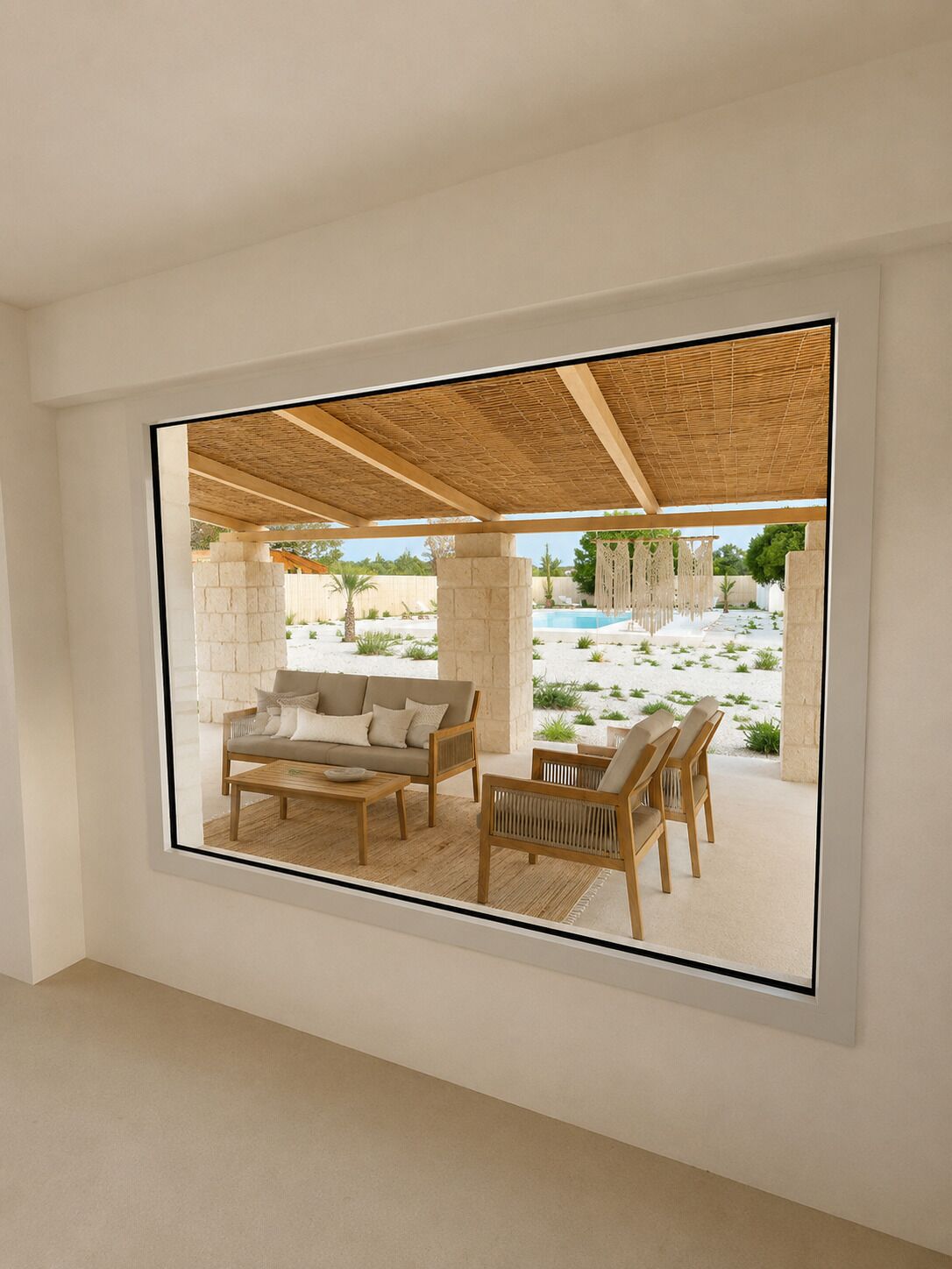 A modern interior with a large window overlooking a pool area.