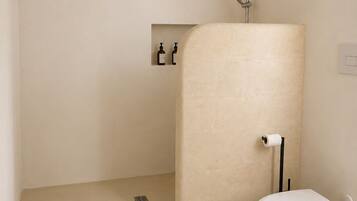 A bathroom with a shower, toilet, and a shelf with toiletries.