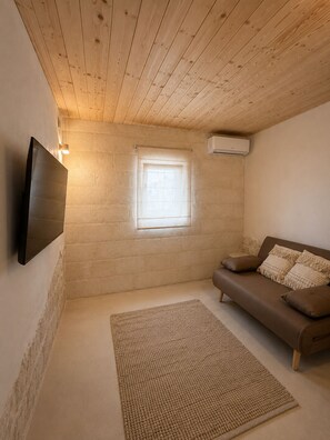 A room with a wooden ceiling, a flat-screen TV mounted on the wall, a window with a view, a brown sofa with cushions, and a woven rug on the floor.