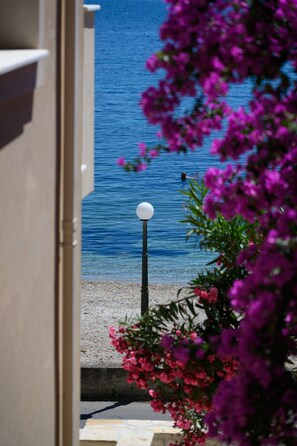 Blick durch einen offenen Durchgang auf einen Strand mit blauem Meer, einen Laternenpfahl und rosa Blumen.