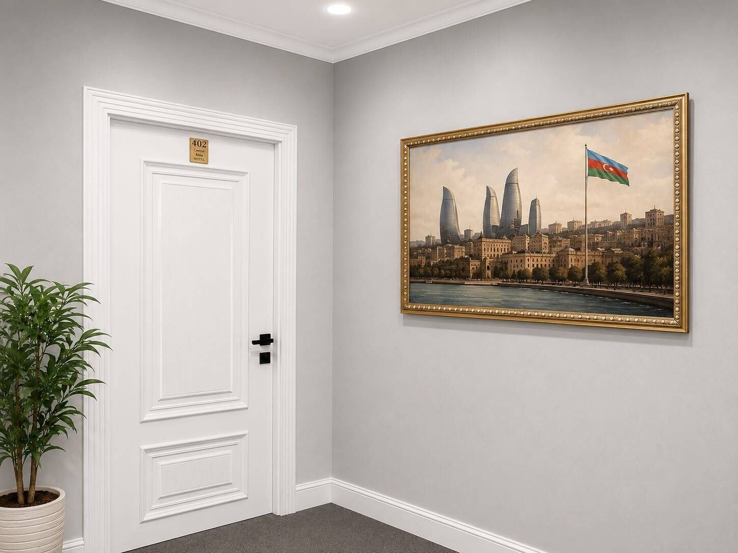A hallway with a white door, a framed cityscape painting, and a potted plant.