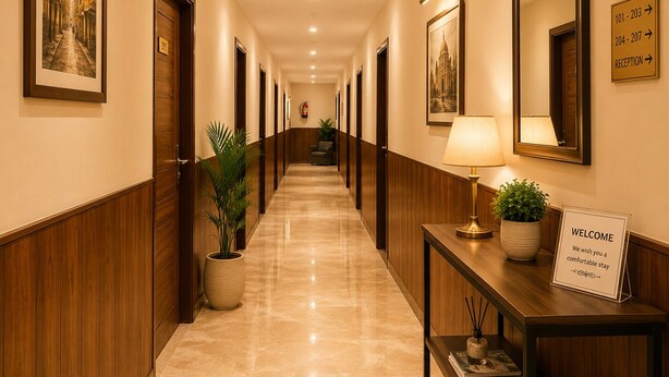 Ein Hotelgang mit Türen, die mit den Nummern 101 bis 203 sowie 204 bis 207 gekennzeichnet sind, einem Empfangsschild und einem Willkommensschild.