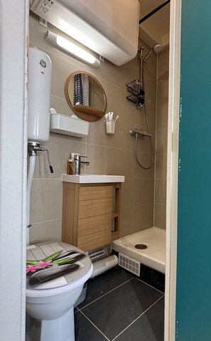 A compact bathroom with a toilet, sink, and shower. - Studio in a historic building in the heart of the Marais (Paris)