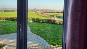 Uitzicht vanuit een raam, met een geplaveid pad dat leidt naar een grasveld, een hek en gebouwen in de verte.