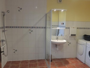 A bathroom with a shower, sink, mirror, and a washing machine.