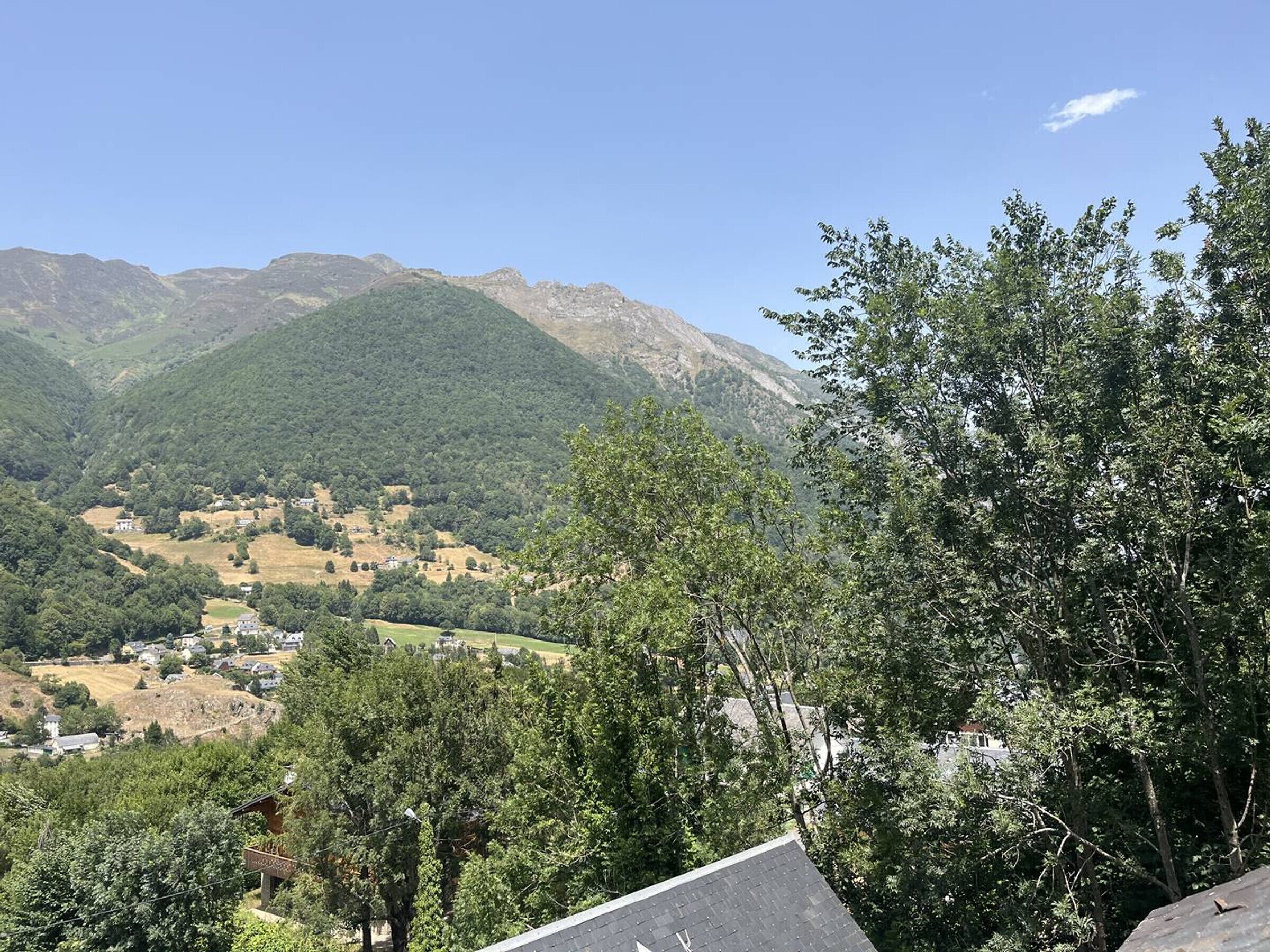 A mountainous landscape with a village and houses.