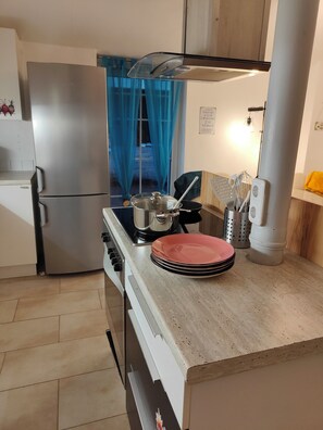 A kitchen with a stainless steel refrigerator, a stove, and a sink. There are plates stacked on the counter and a pot on the stove. - Einsiedler Vacation Rental - Sleeps 4, with a terrace and grill, dog-friendly (Oberdrosen)