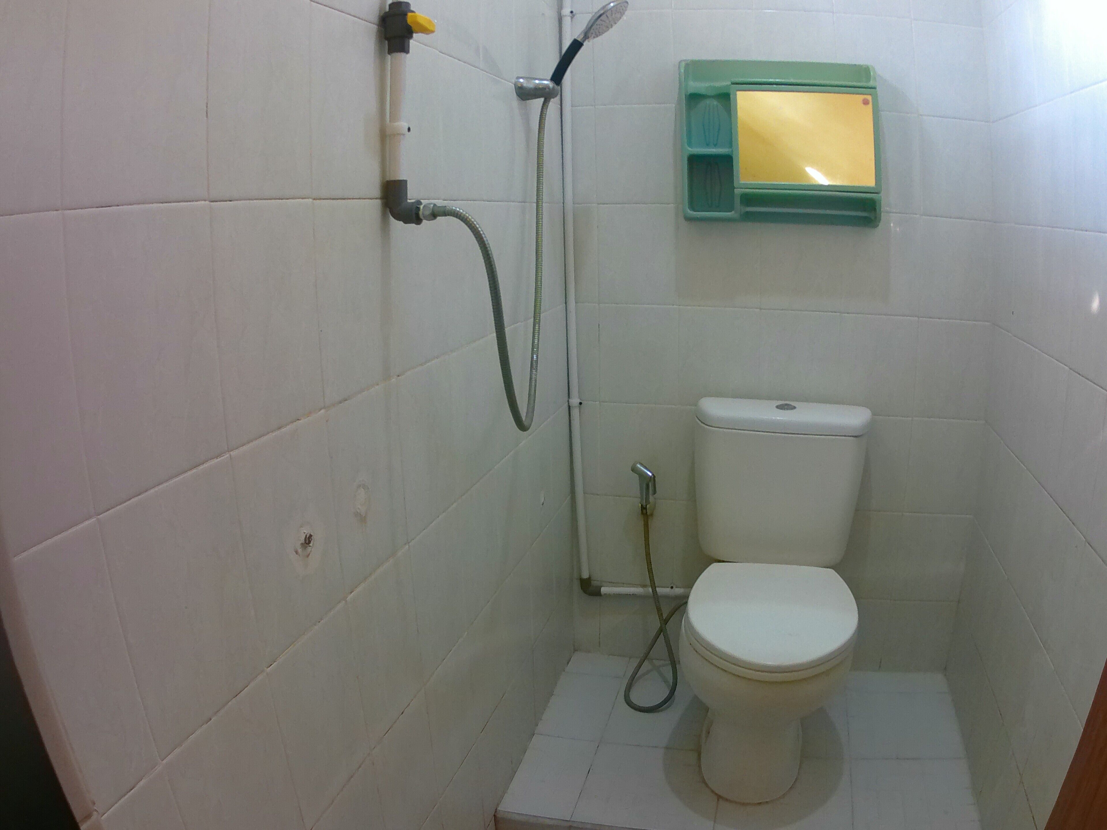 Um banheiro pequeno com azulejos, vaso sanitário, chuveiro e um dosador de sabonete.