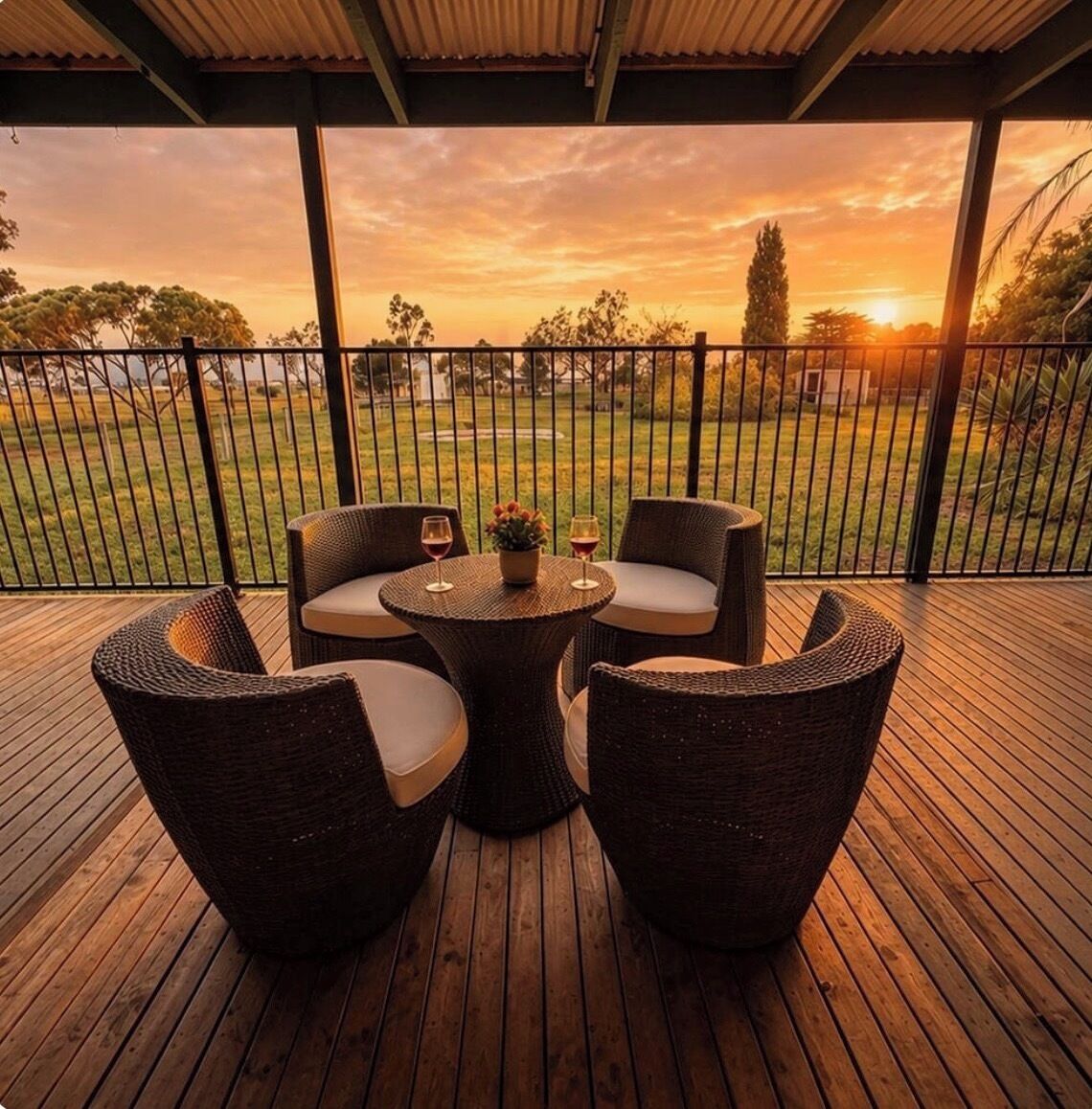 An outdoor seating area with wicker furniture and a view of a sunset.