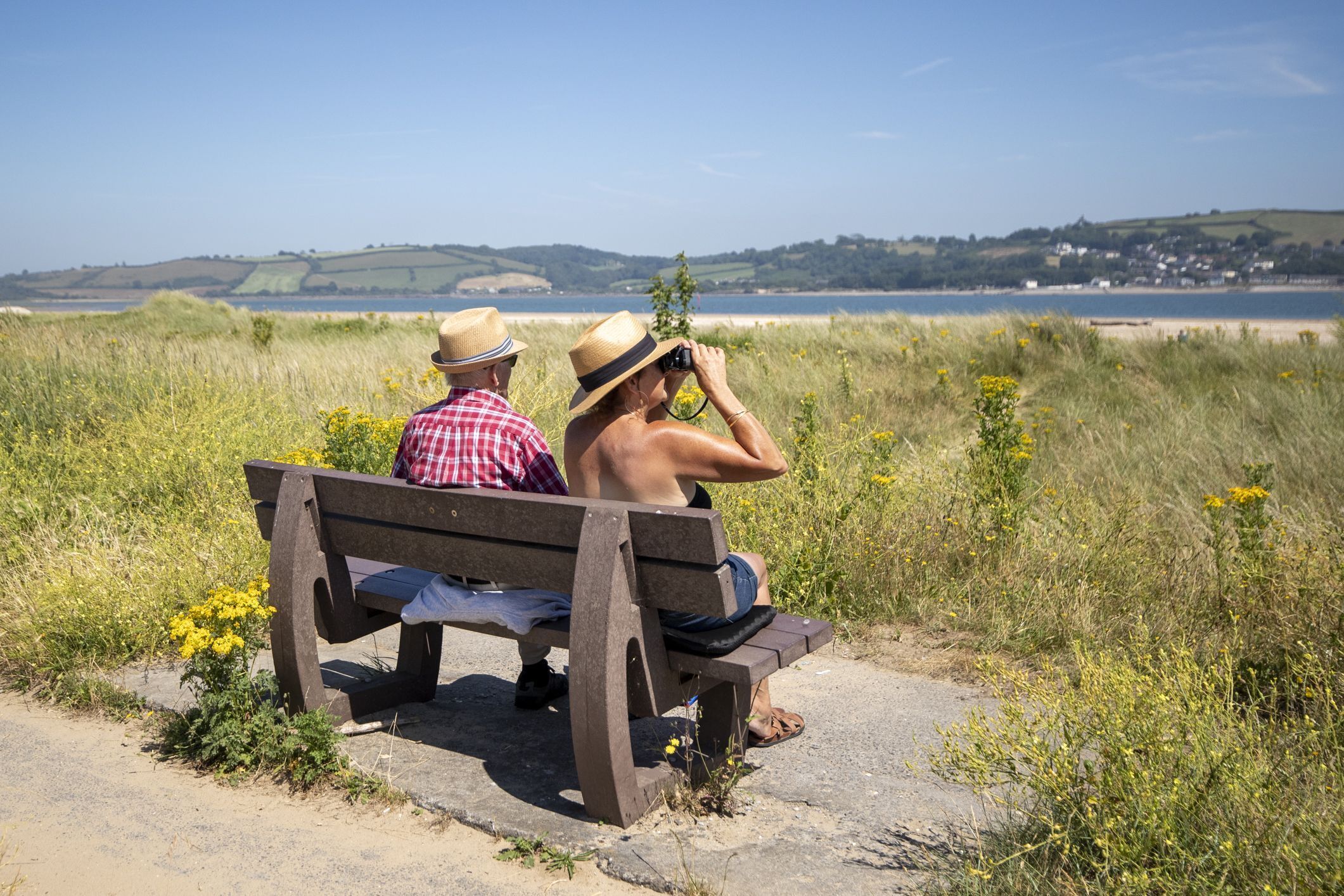 Two people sitting on a bench overlooking a coastal landscape with hills in the distance.