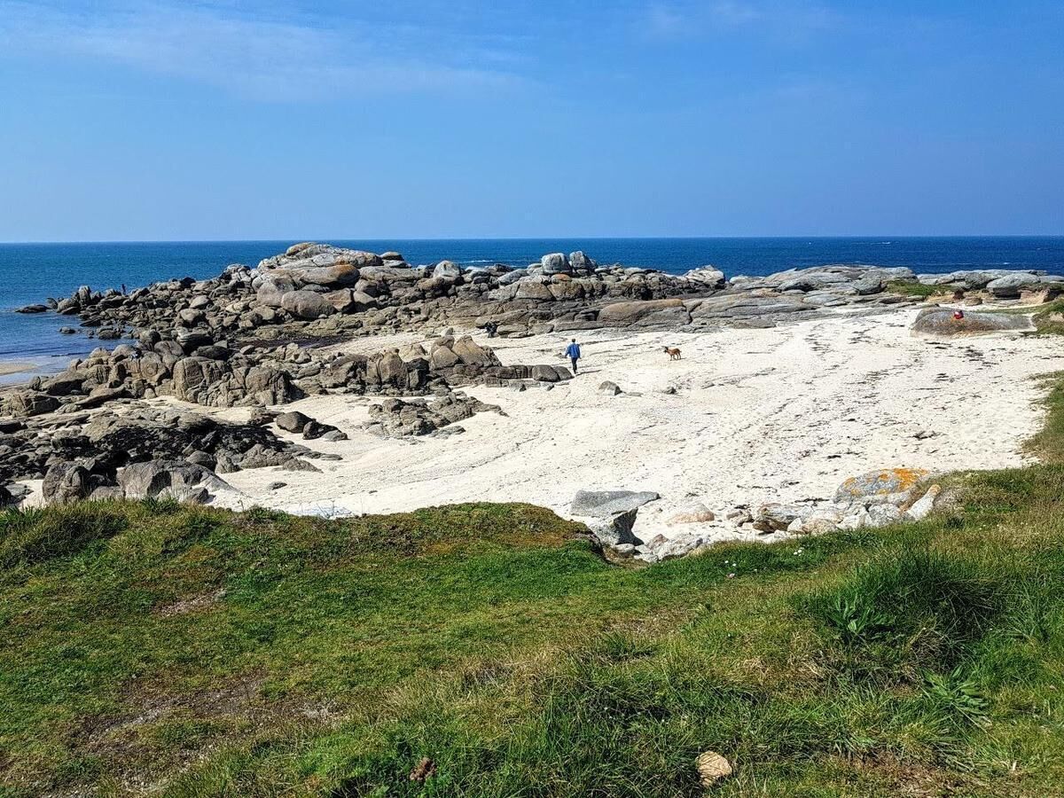 Une plage rocheuse offrant une vue dégagée sur l’océan.