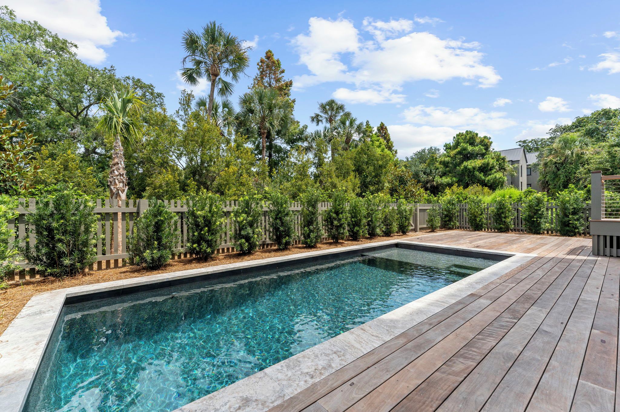 A rectangular swimming pool with clear water, surrounded by a wooden deck and a variety of greenery, including palm trees and shrubs.