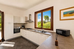 Eine moderne Küche mit Gasherd, Backofen und Mikrowelle, ein großes Fenster mit Blick auf Grünflächen und ein gerahmtes Bild an der Wand.