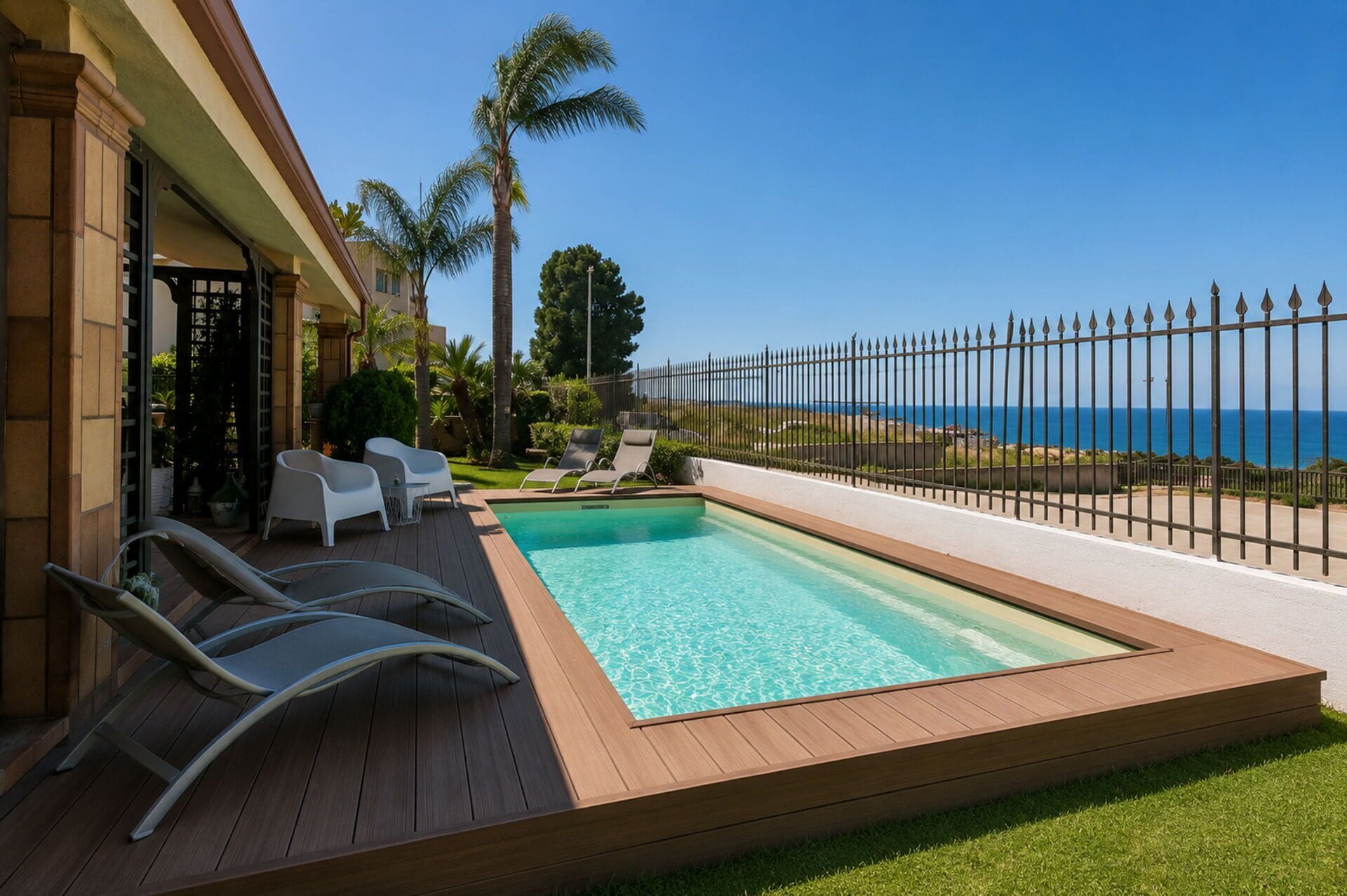 A swimming pool with lounge chairs, a wooden deck, and a view of the sea.