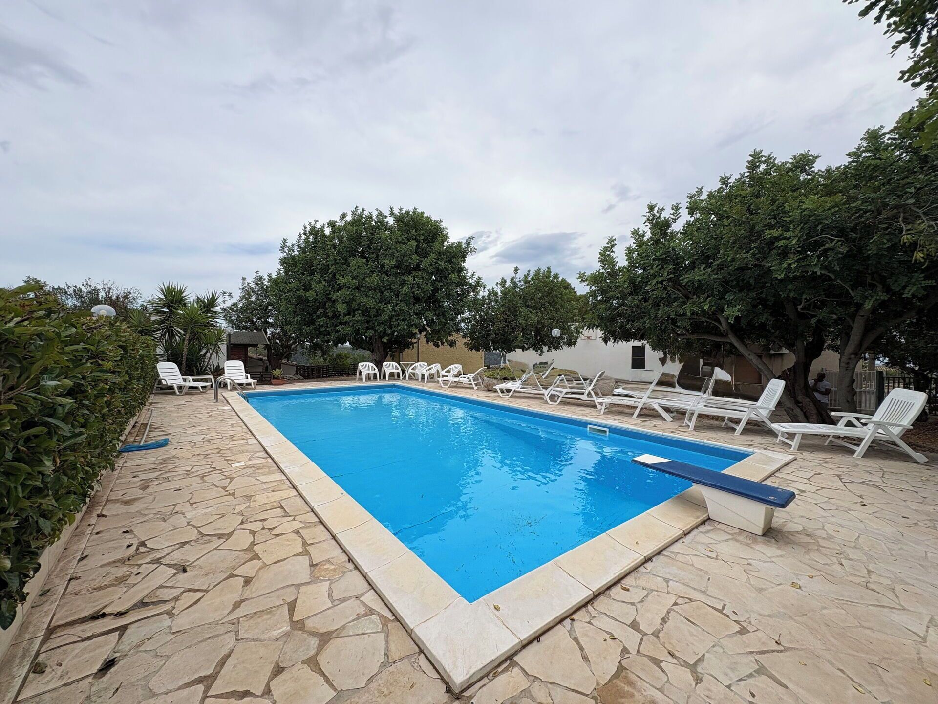 Una piscina rectangular con solana de piedra, rodeada de sillas reclinables blancas y árboles.