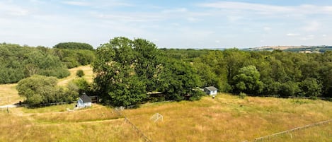 Paisaje rural con una propiedad cercada, un edificio pequeño y un árbol grande.