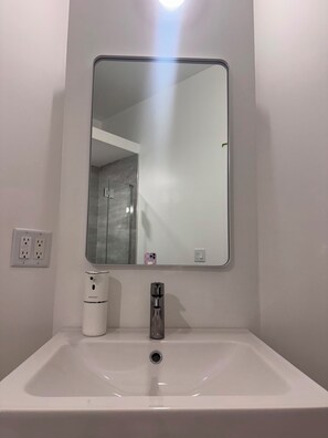 A bathroom with a white sink, a mirror, and a handheld showerhead.