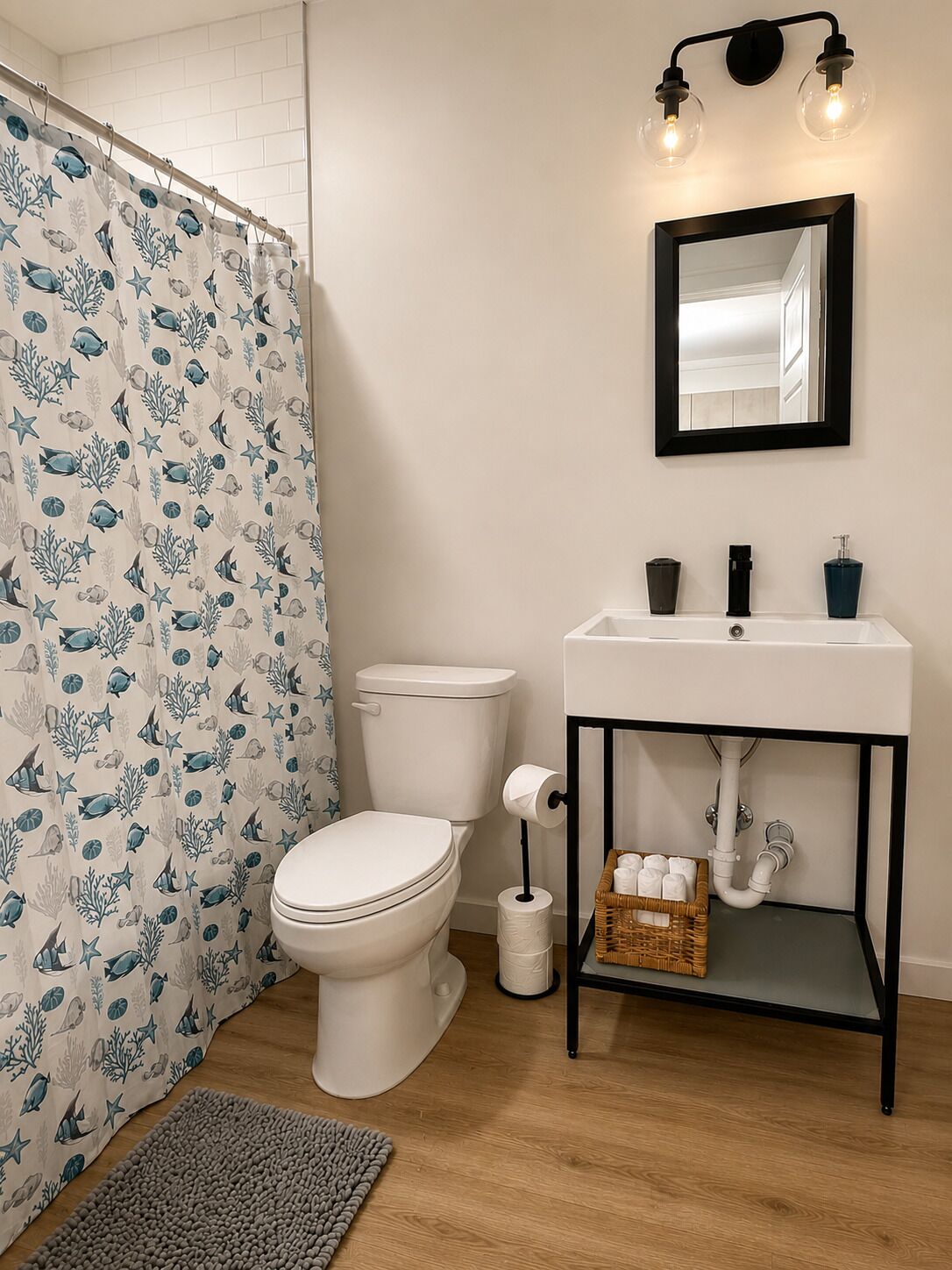 Hair dryer, towels, soap, shampoo