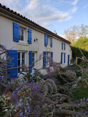 A two-story building with blue shutters, a tiled roof, and a garden with purple flowers.