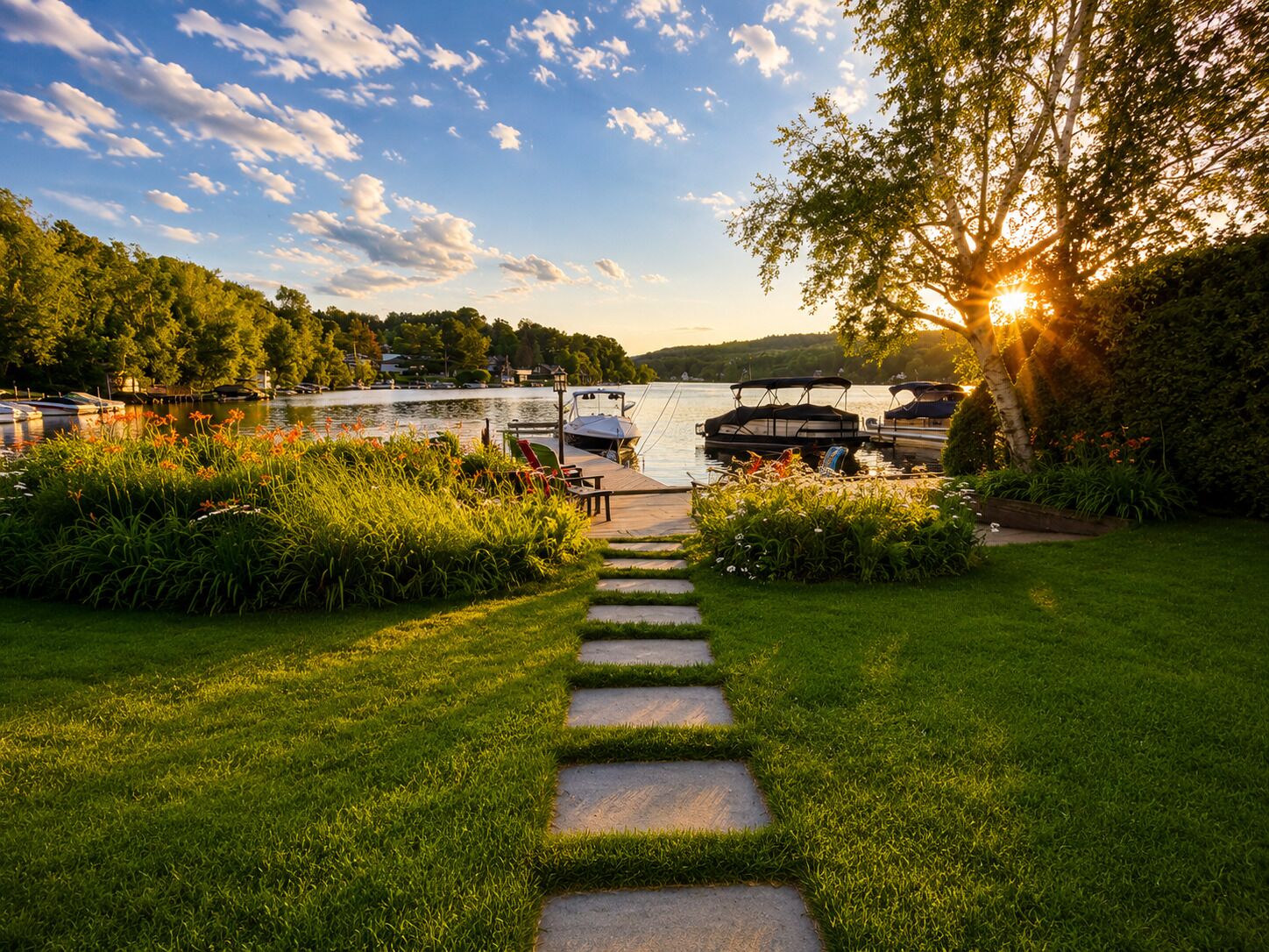 A pathway leading to a dock with boats, surrounded by greenery and a lake.