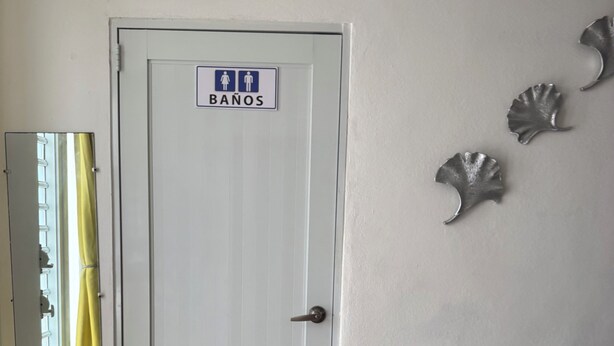 A room with a white door labeled 'BAÑOS' indicating a bathroom, a mirror with a yellow curtain, a glass table, and decorative shell-shaped items on the wall. - Studio apartment 7 minutes from the airport in Carolina (Carolina)