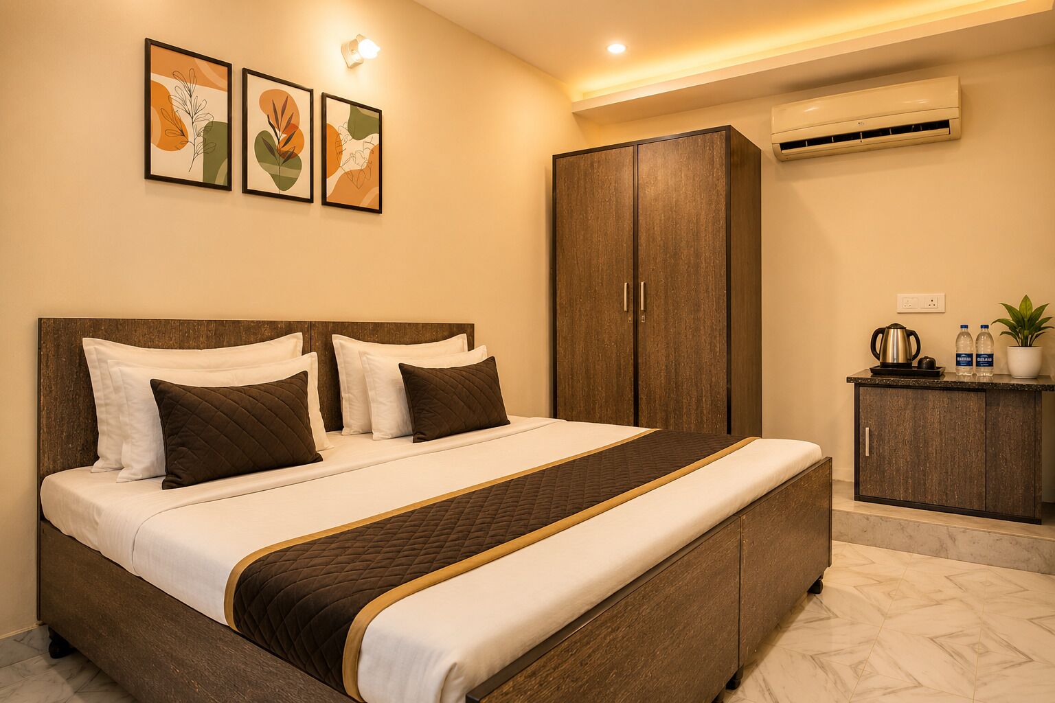 A hotel room with a bed, a wardrobe, a small kitchenette, and wall-mounted artwork.
