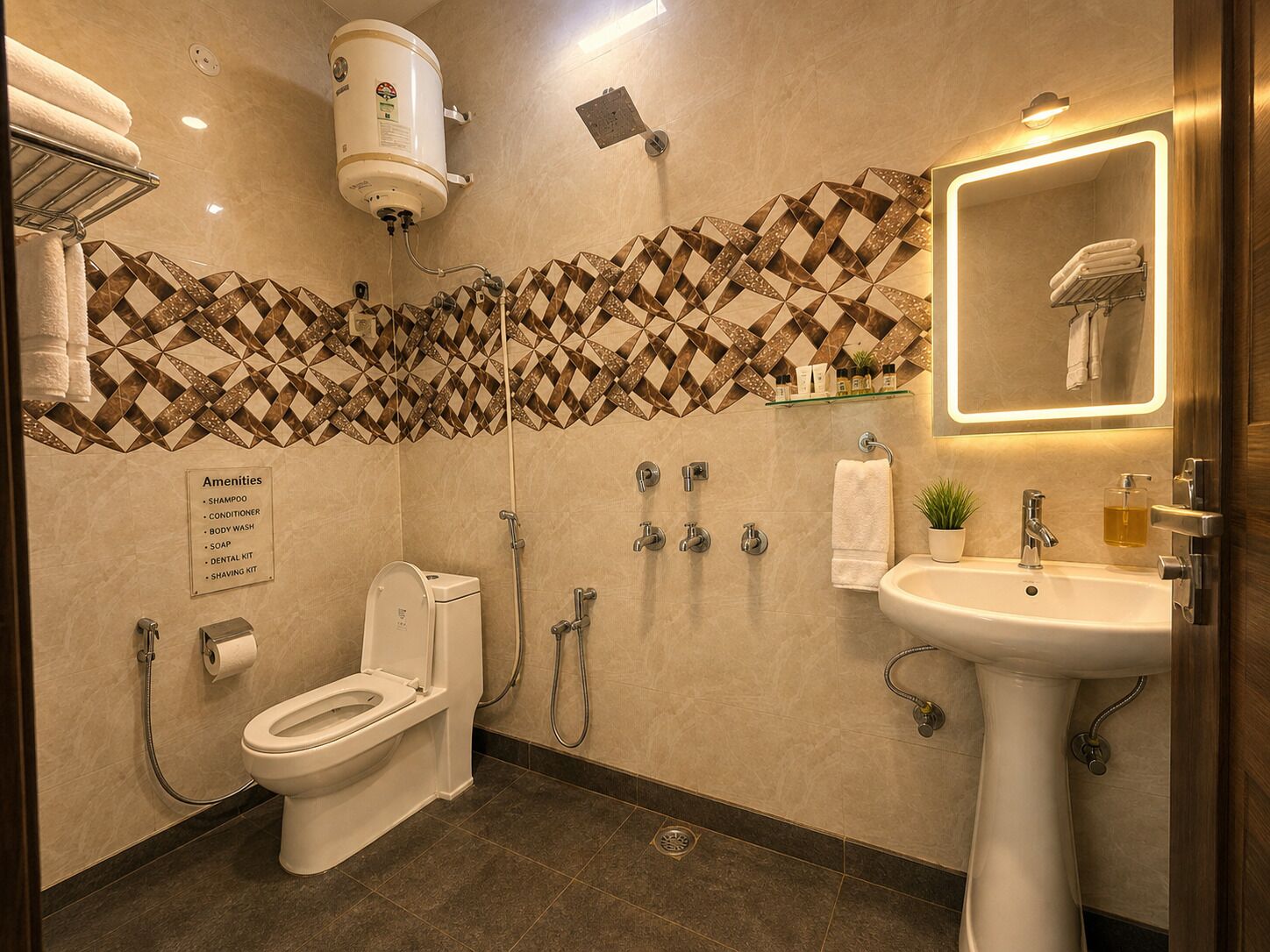 A modern bathroom with a toilet, bidet, and sink. Amenities listed include shampoo, conditioner, body wash, soap, dental kit, and shaving kit.