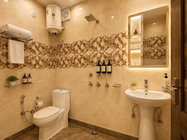 A bathroom with a toilet, bidet, shower, and sink. There are toiletries on the wall and a towel rack.