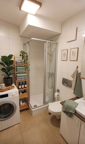 Douche, sèche-cheveux, serviettes fournies, papier toilette
