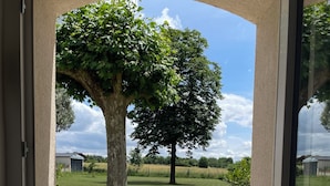 A patio area with stone flooring leading to a grassy field and a large tree. - Apartment in a renovated farmhouse: 2 bedrooms · 40 m² terrace, garden, parking · 12 km from Toulouse (Lapeyrouse-Fossat)