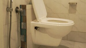 A bathroom with a toilet, a shower, and a hand dryer. - 7AM By Glitz Hotels (Mumbai)