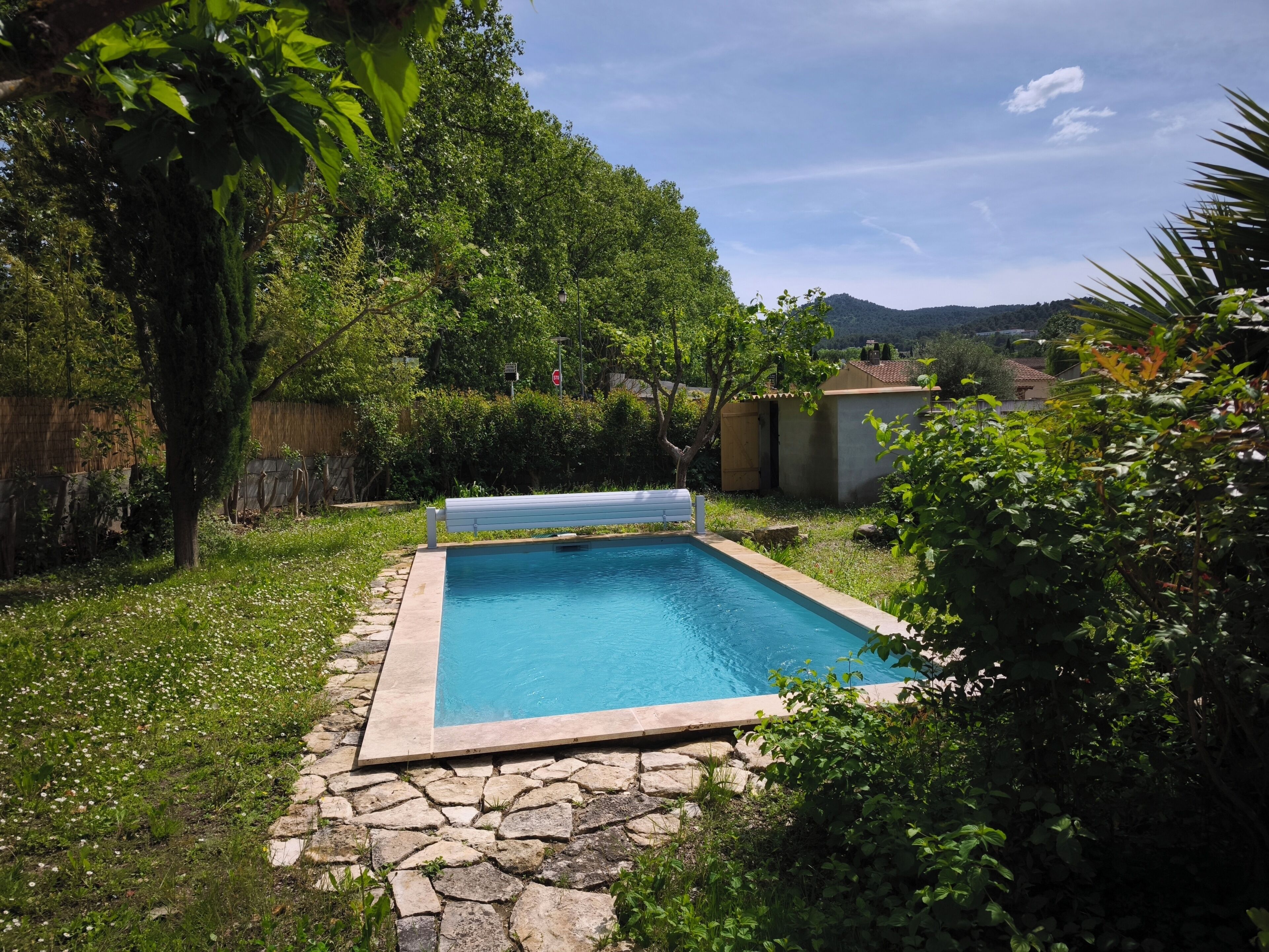 A rectangular swimming pool with stone edging, surrounded by lush greenery and a stone pathway leading to it.
