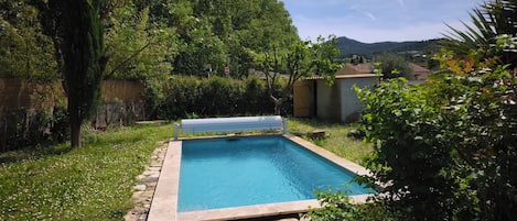 A rectangular swimming pool with stone edging, surrounded by lush greenery and a stone pathway leading to it.