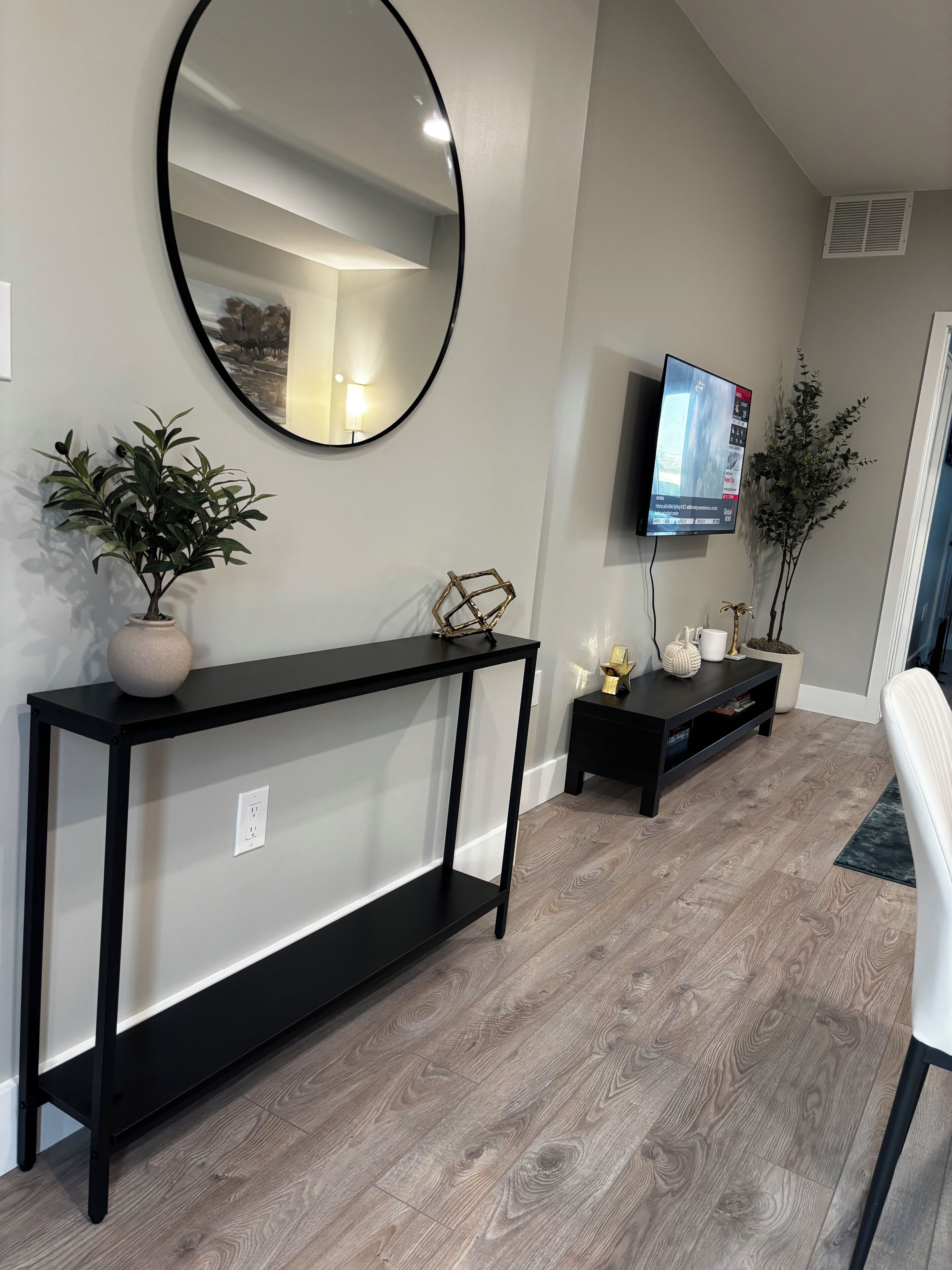A modern living room with a black console table, a round mirror, a flat-screen TV, and a potted plant.