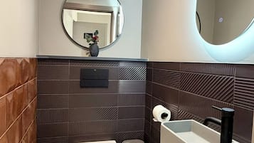 A modern bathroom with a toilet, sink, and mirror.