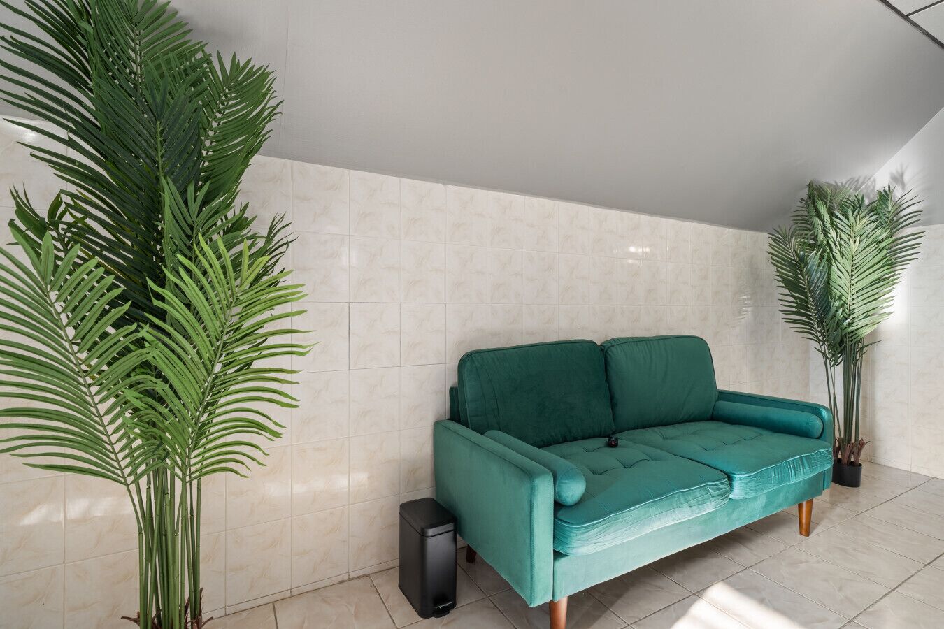Um sofá azul-esverdeado numa divisão com paredes em azulejo e grandes plantas verdes.