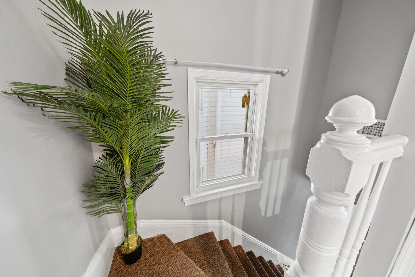 Una escalera con barandilla blanca, una planta en maceta y una ventana con persianas.