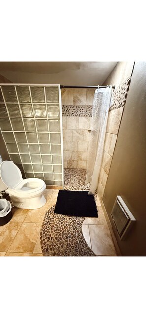 Regadera, toallas, jabón, papel de baño 
