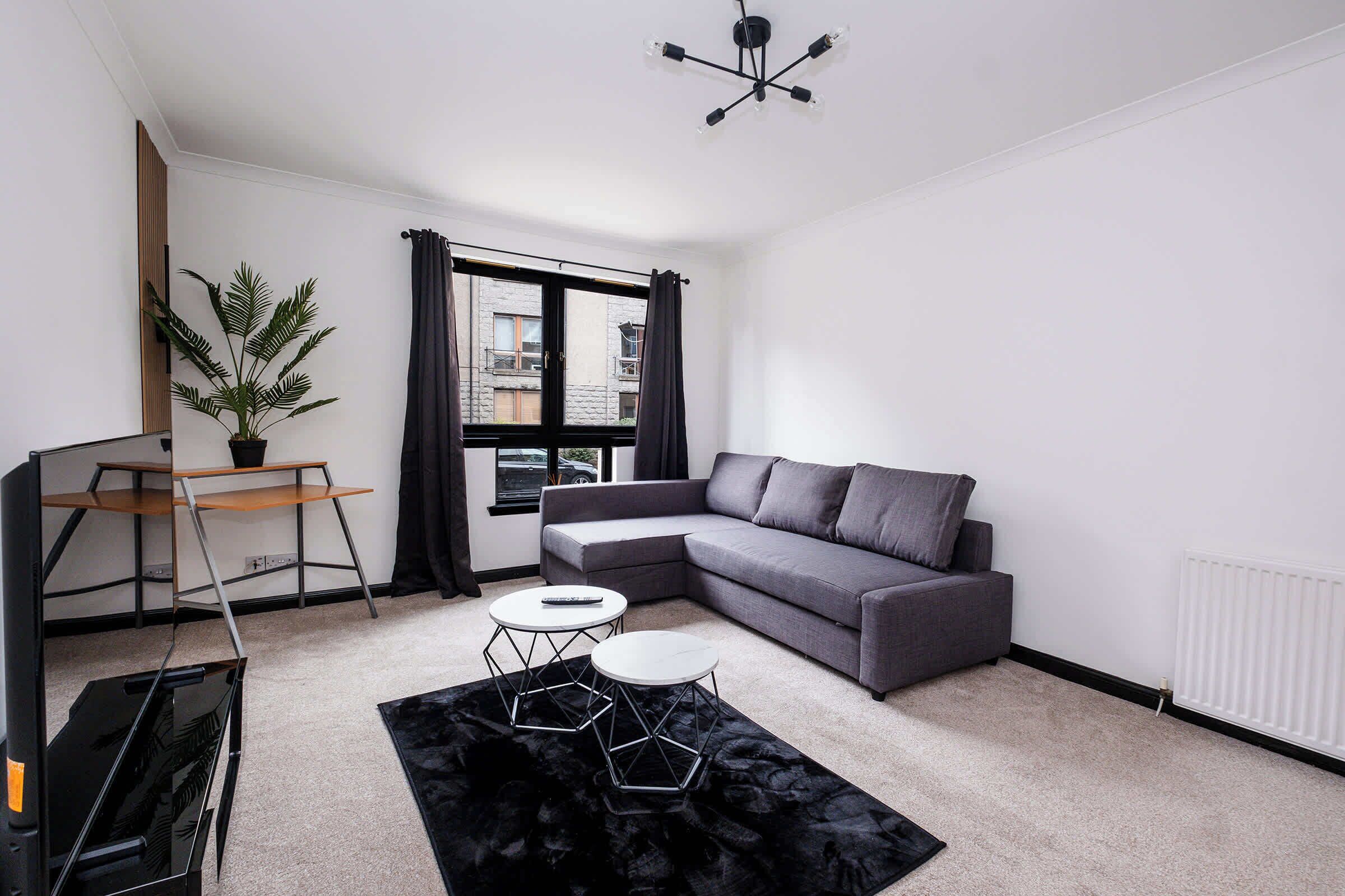 A modern living room with a grey sofa, a small white table, a black rug, a potted plant, and a ceiling light fixture.
