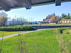 Ein grünes Feld mit einem Weg, einem Fußballtor und Gebäuden im Hintergrund.